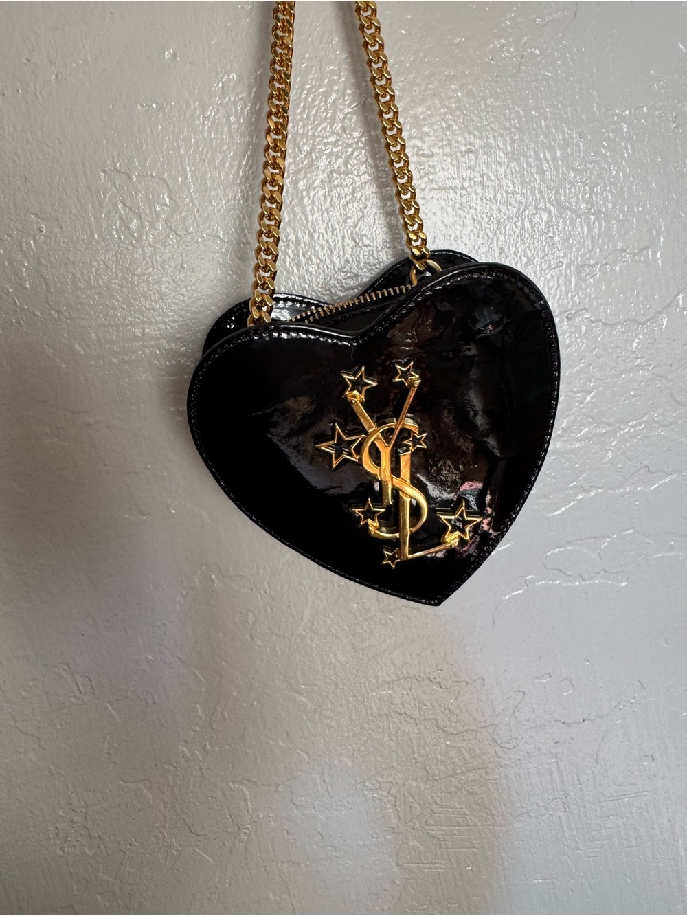 Yves Saint Laurent Black Patent Heart Mini Bag with Gold Logo & Chain